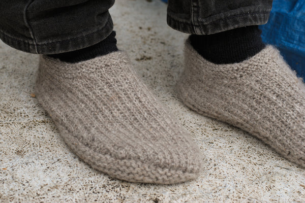 Grey hand-knit slippers