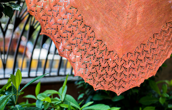 Lace detail of Living Coral shawl