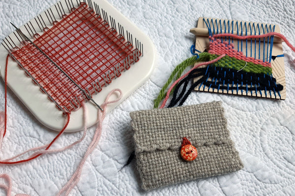 A little purse made of pin loom squares, pin loom and tapestry weaving in progress