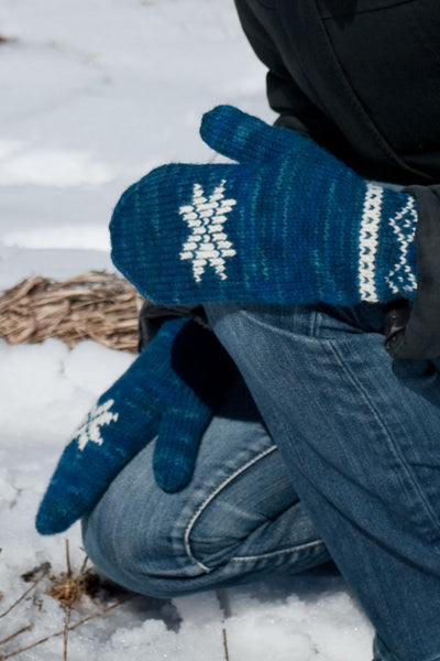 Winter Sonata mitten knitting pattern with snowflake motif