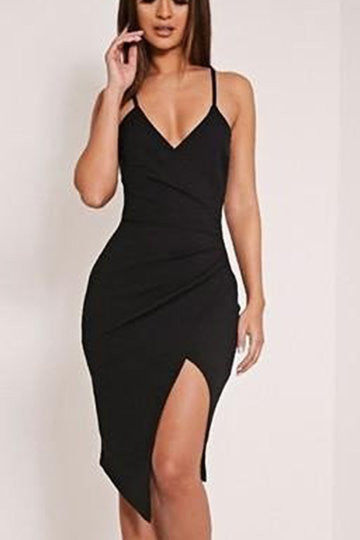 Black V Neck Spaghetti Strap Slit Front Bodycon Dress Crystalline