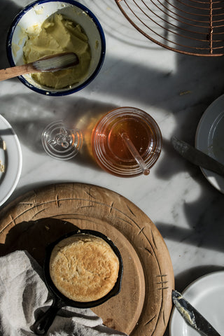Robert Gordon Australia glass honey pot and cast iron mini fry pan