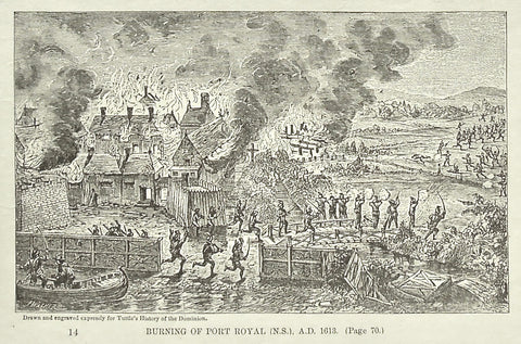 Battle, Indians, Native, Natives, Burning of Port Royal, N.S., 1613, Burning, Port Royal, Nova Scotia, Battles, Soldiers, Troops, Bow and Arrow, Bows and Arrows, Weapons, Guns, War, Army, Formation, Tuttle, Charles Tuttle, History of the Dominion, Popular History of the Dominion, Downie, Bigney, History, Dominion, Canada, Canadian History, Antique, Antique Print, Steel Engraving, Engraving, Prints, Printmaking, Original, Rare prints, rare books, Wall decor, Home decor, office art, Unique,