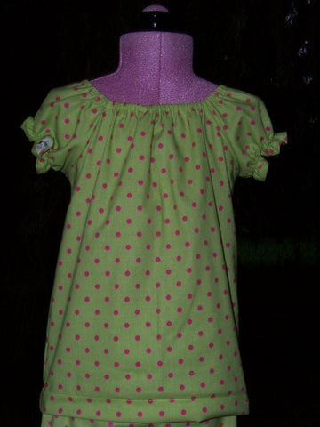 green and pink polka dot peasant top