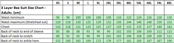 3 Layer Ventilated Bee Suit Size Chart