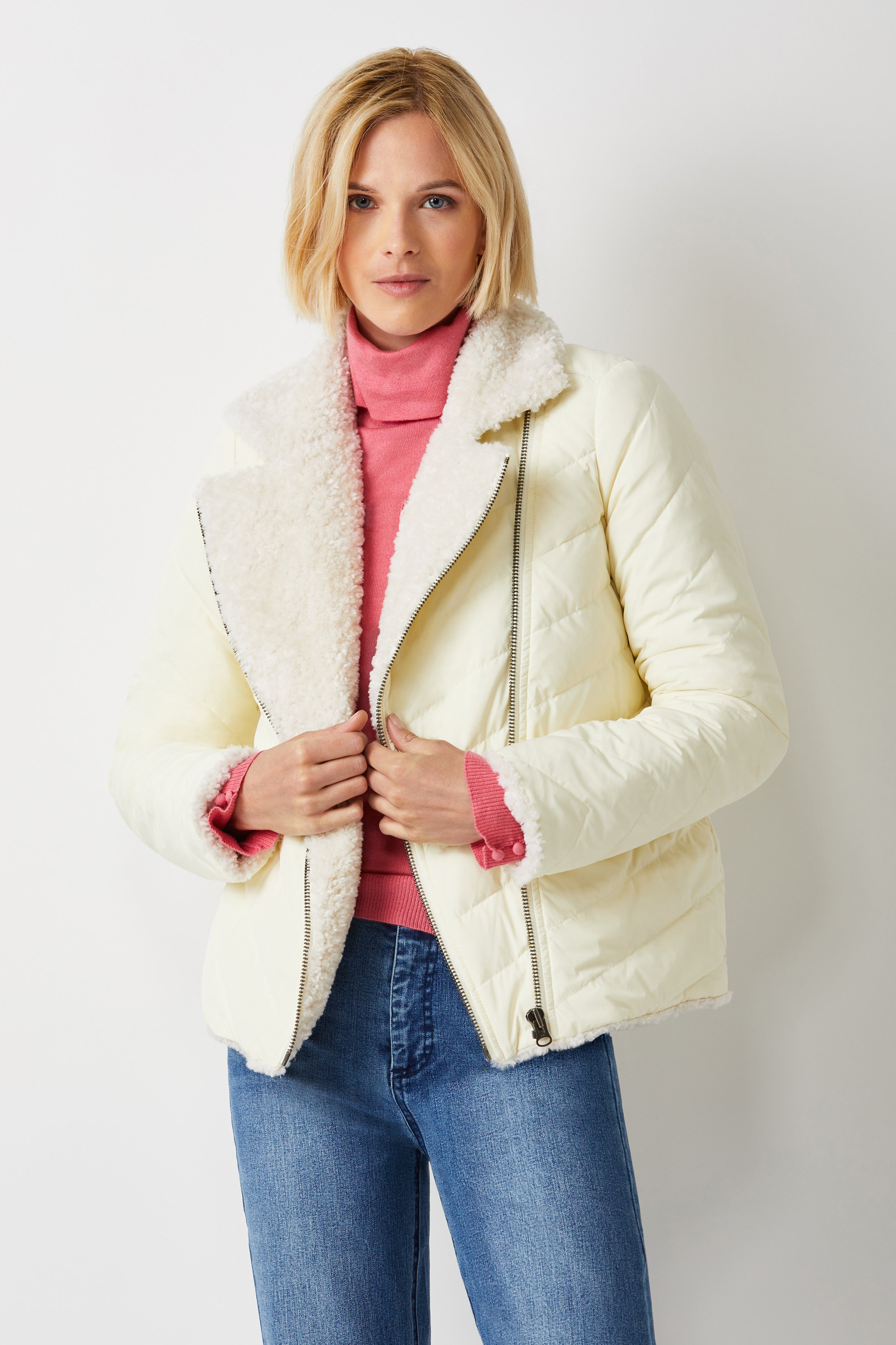 Reversible Faux Shearling and Nylon Jacket in Ecru