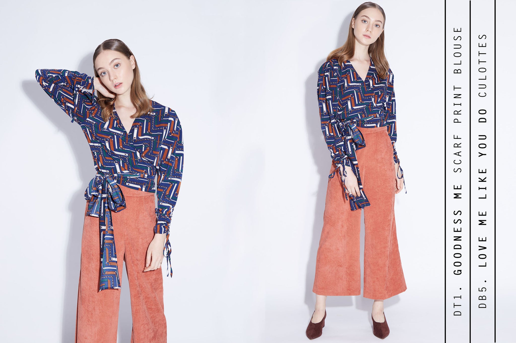 Goodness me scarf print blouse + Love Me Like You Do Culottes in brick corduroy