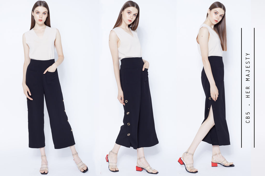 High waisted culottes with side split and gold buttons detail