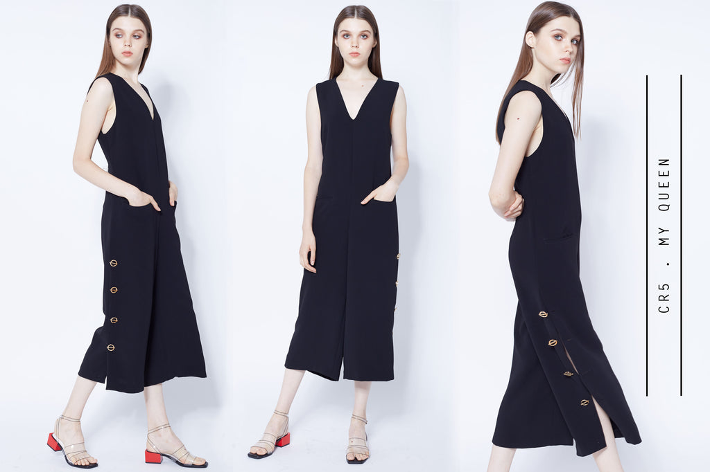 Black culottes jumpsuits with split and gold buttons