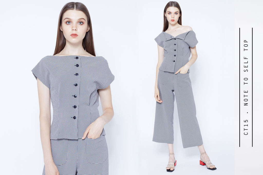 Checkered culottes pants with button front off shoulder top