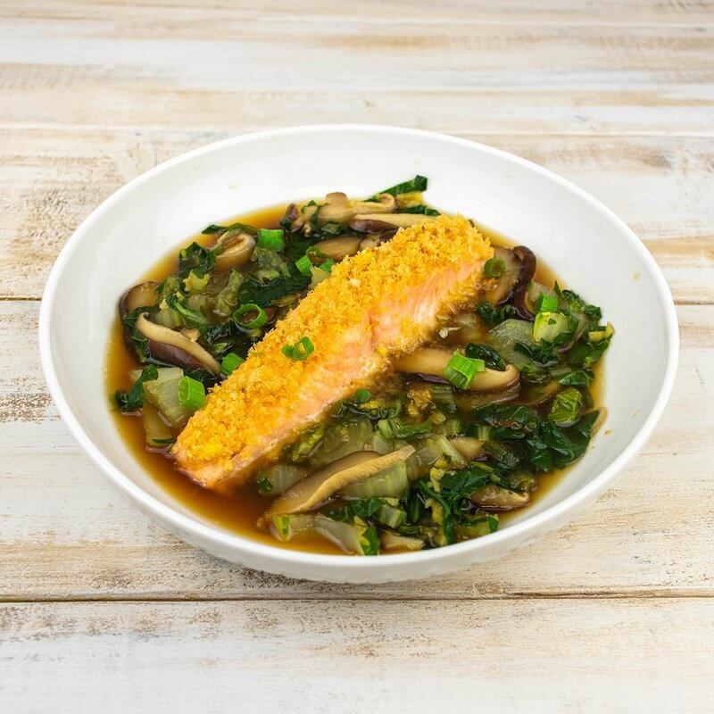 Ginger Pork Panko Crusted Salmon over Baby Bok Choy with Shiitake Broth