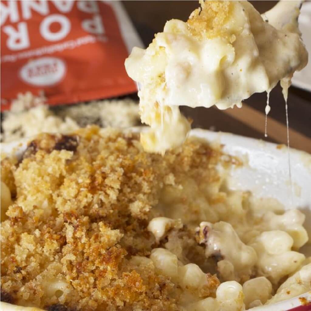 Creamy Mac N Cheese with Pork Panko'd Parmesan Topping