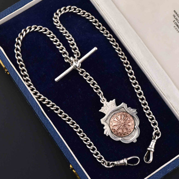 Edwardian Silver Double Albert Watch Chain, Rose Gold Fob - Boylerpf