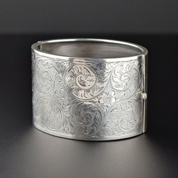 Victorian Revival Wide Sterling Silver Cuff Bangle Bracelet - Boylerpf