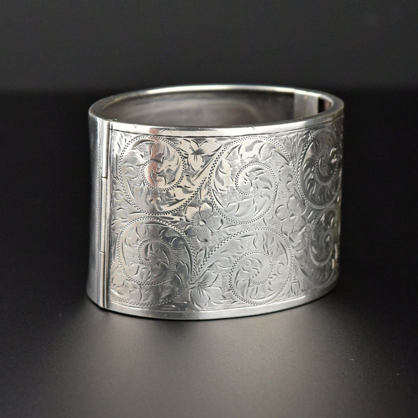 Victorian Revival Wide Sterling Silver Cuff Bangle Bracelet - Boylerpf