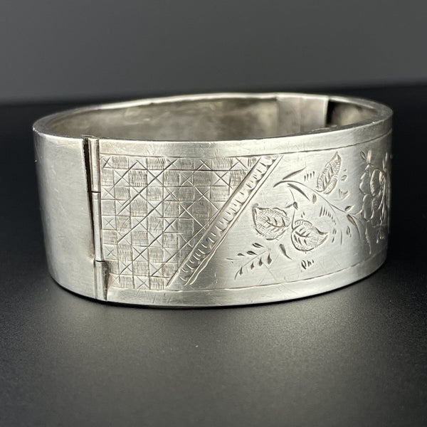 Victorian Floral Engraved Silver Bangle Cuff Bracelet - Boylerpf