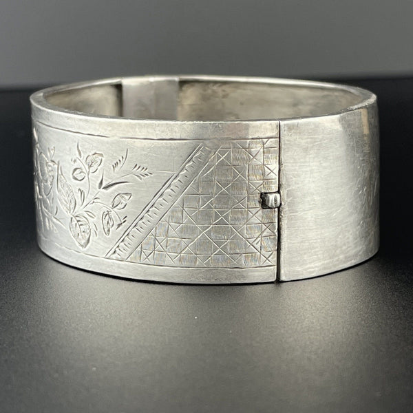 Victorian Floral Engraved Silver Bangle Cuff Bracelet - Boylerpf