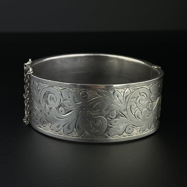 Victorian Engraved Silver Wide Cuff Bangle Bracelet - Boylerpf