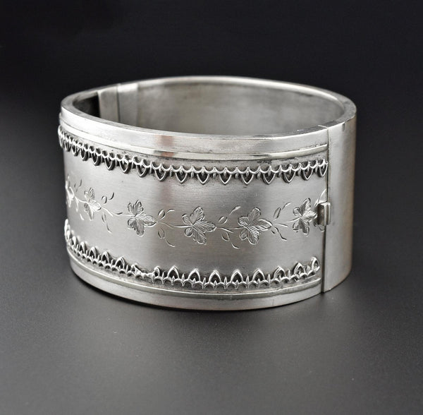 Ivy Leaf Antique Victorian Wide Sterling Silver Bracelet - Boylerpf