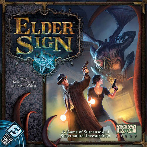 Elder Sign is a fast-paced, cooperative dice game of supernatural intrigue for one to eight players by Richard Launius and Kevin Wilson, the designers of Arkham Horror. Players take the roles of investigators racing against time to stave off the imminent return of the Ancient Ones. Armed with cards for tools, allies, and occult knowledge, investigators must put their sanity and stamina to the test as they adventure to locate Elder Signs, the eldritch symbols used to seal away the Ancient Ones and win the game.