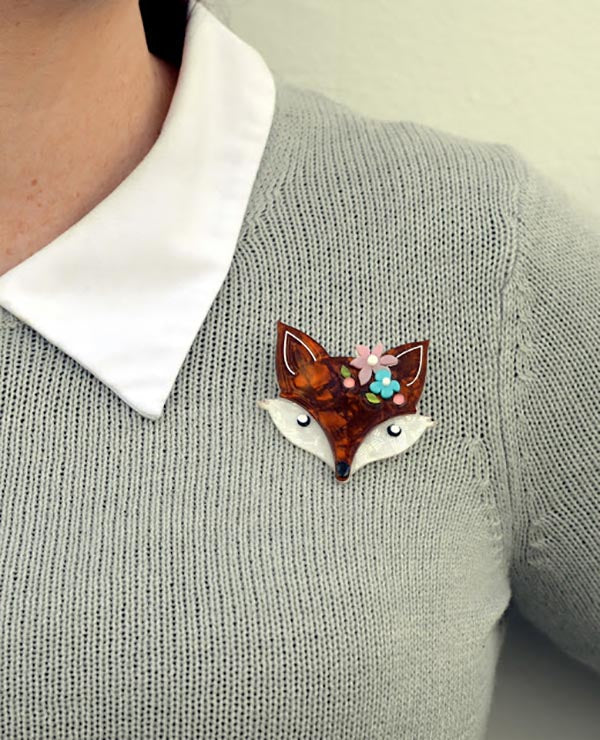 Teer Wayde wearing Erstwilder Flora Fox Face brooch