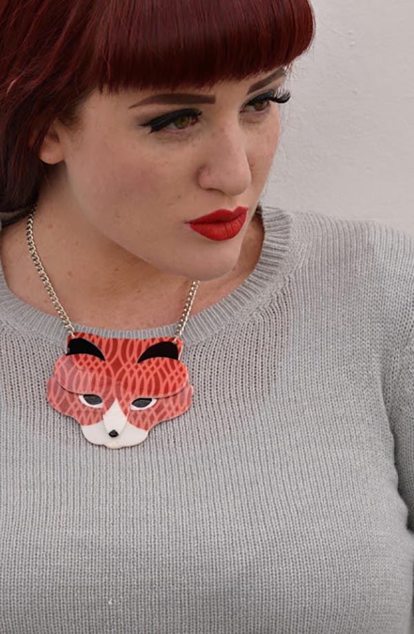 Teer Wayde wearing Erstwilder LeBeau the Luscious Cat necklace