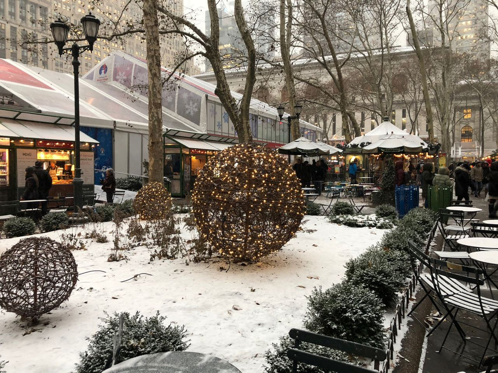 Hot mulled wine and other Christmastime treats are sold from the stalls at Bryant Park