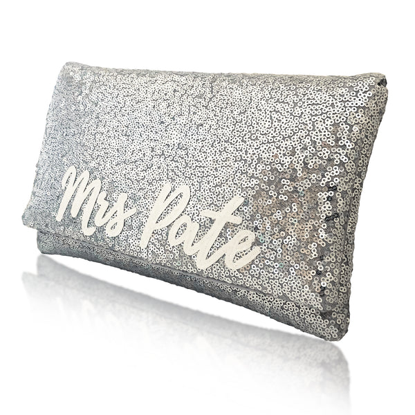 silver sequin clutch