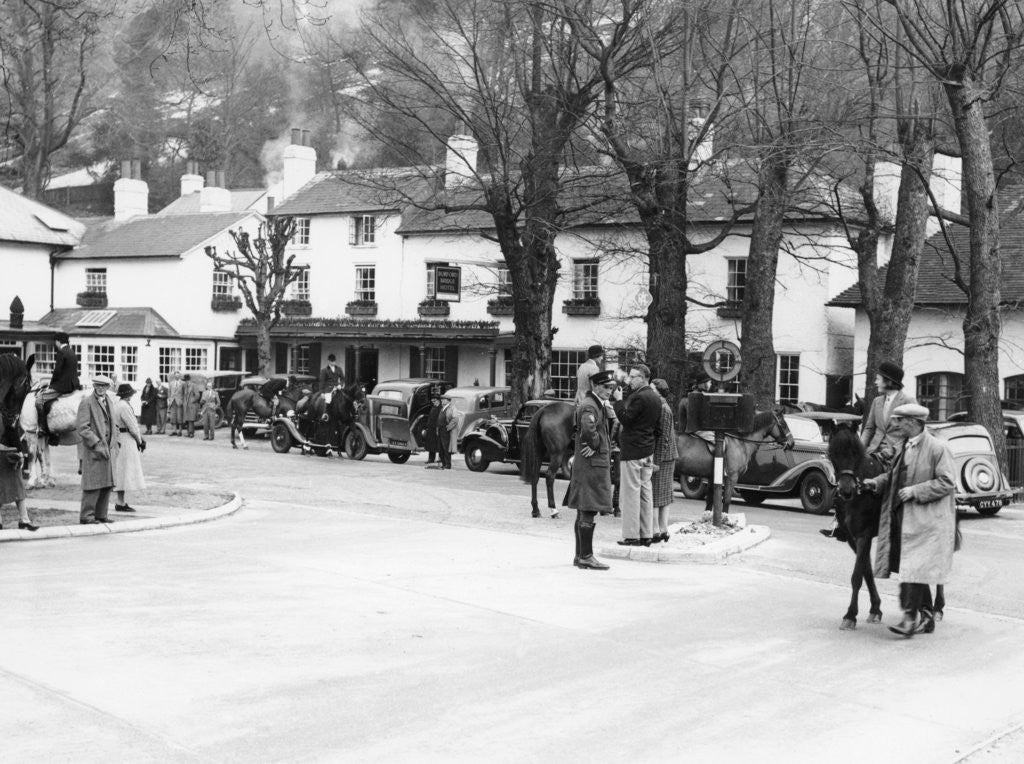 Detail of Pedestrians and riders outside the Burford Bridge Hotel by Anonymous