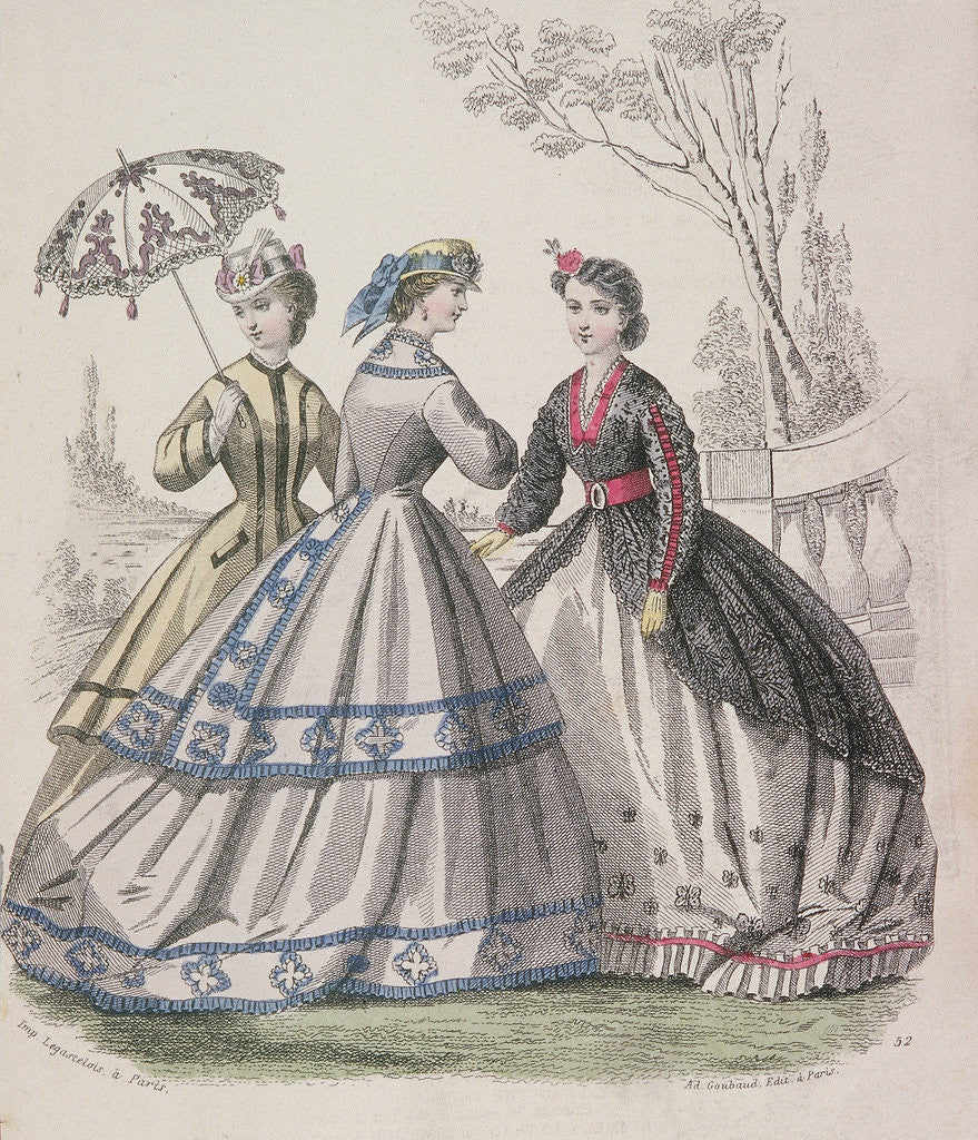Detail of Three women wearing the latest fashions, one of the women is shading herself with a parasol by Anonymous