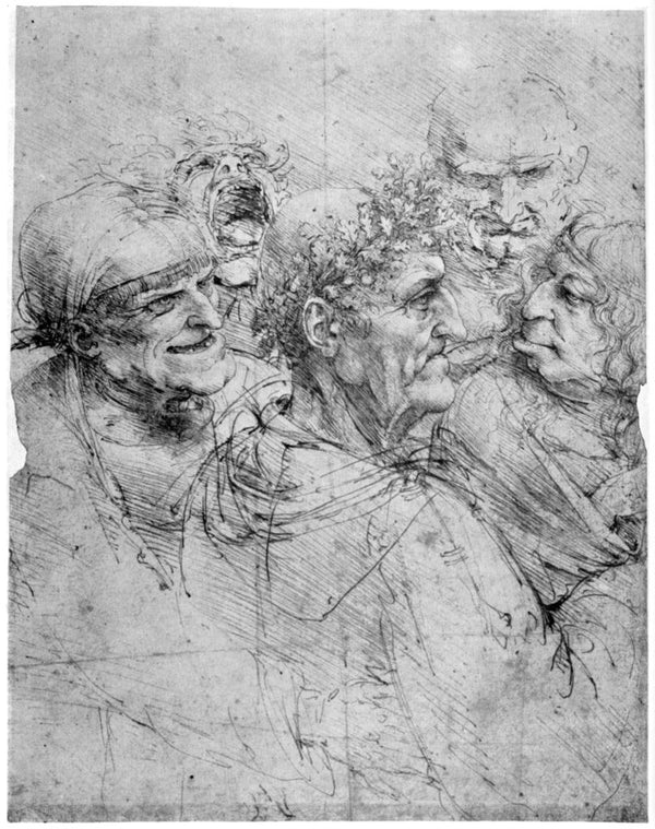 Study of five grotesque heads posters & prints by Leonardo Da Vinci