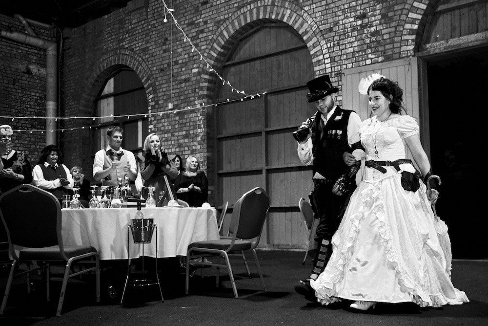 David and Melissa making an entrance at their reception at the Walka Waterworks