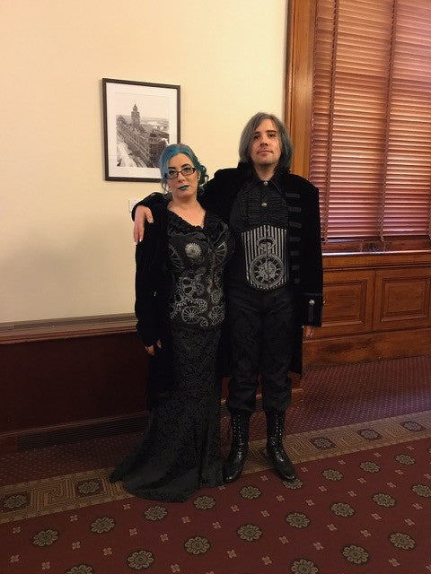 The family that corsets together stays together Janine and Bret in new steampunk silver styles