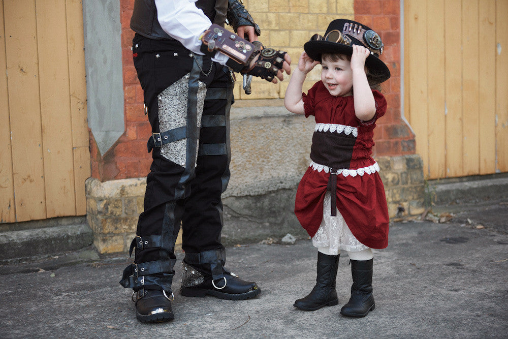 Isabel in her cute steampunk dress