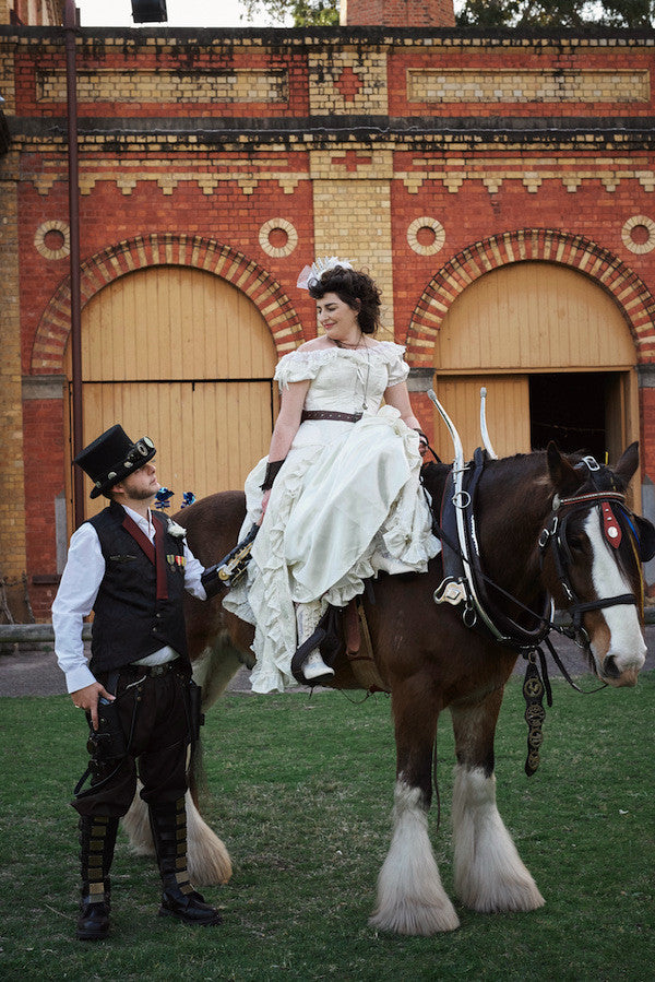 Steampunk bride on a Clydesdale