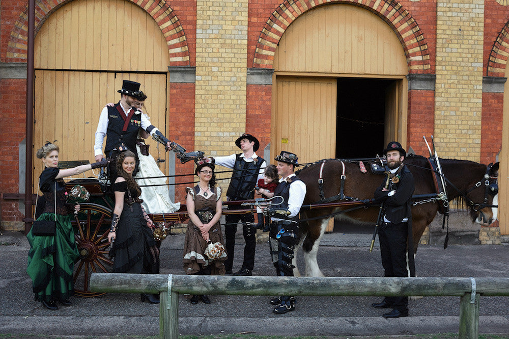 steampunk wedding with clydesdale horse perfect for some bridal party fun