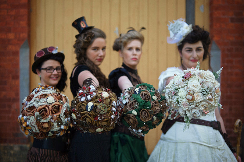 bridesmaids with steampunk bouquets