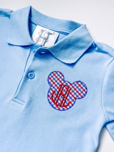 Boy Mouse with Monogram on Boys Blue Polo Shirt
