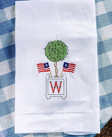 Fourth of July Embroidered Monogram Initial and Topiary Hand Towel