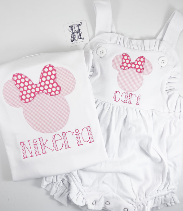 Big Happy Girl Mouse Applique on Girl's White Shirt or White Ruffled Bubble/Sunsuit Personalized with Name