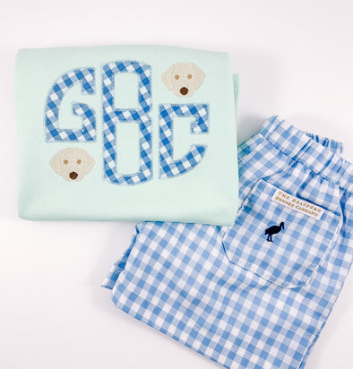 Monogrammed Boy's Mint Short Sleeve Shirt - Monogram Applique with Puppy Dog Faces