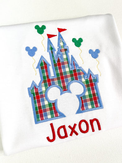 Castle Applique with Mouse Balloons on Boys White Shirt Personalized with Name