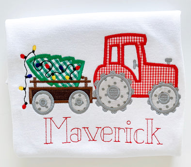 Christmas Tree and Tractor Boy's Personalized White Shirt