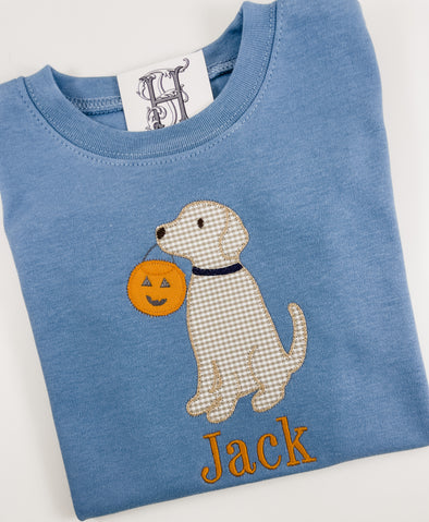 Puppy Dog with Pumpkin on Boys Personalized Blue Shirt