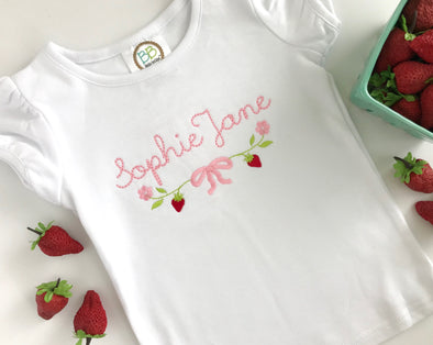 Girl's Personalized White Shirt - Strawberry Embroidery