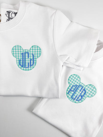 Monogrammmed Shirt - Boy Mouse Ears Applique on Boy's White Tee Shirt