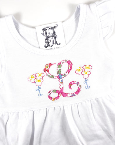 Monogram Floral Initial and Mouse Balloons Embroidery on Girl's White Dress or Shirt