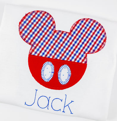 Big Happy Mouse Red and Royal Blue Applique -  Boy's White Shirt Personalized