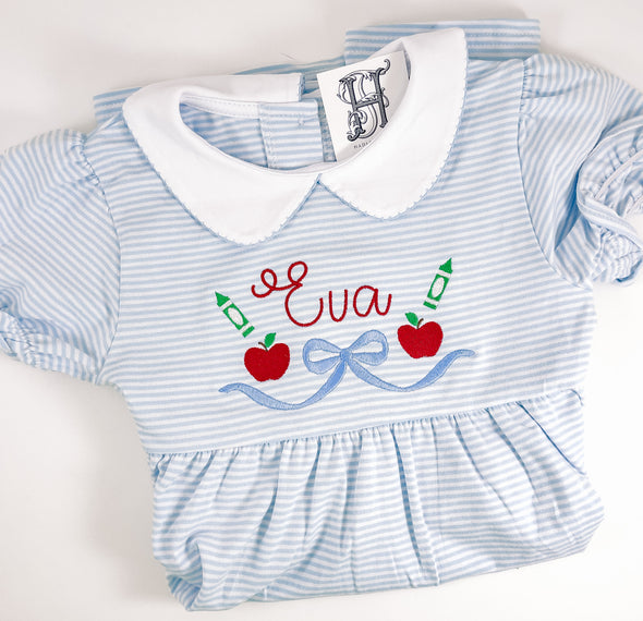 Blue and White Striped Girl's Personalized Dress with Round Collar - Apples, Crayons, and Bow Embroidery
