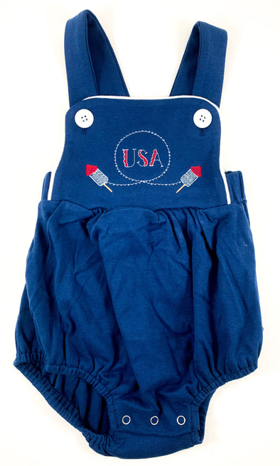 USA and Rockets Embroidery on Baby/Toddler Boys Navy Blue Bubble/Sunsuit